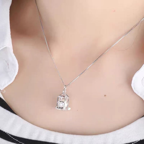 Fashion Simple Pendant Necklace Birdcage Hollowed Out Pearl Cage S925 Silver（Not including the pearls）