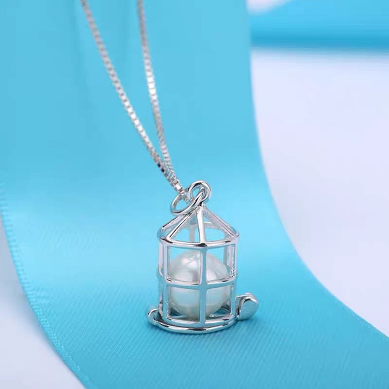 Fashion Simple Pendant Necklace Birdcage Hollowed Out Pearl Cage S925 Silver（Not including the pearls）
